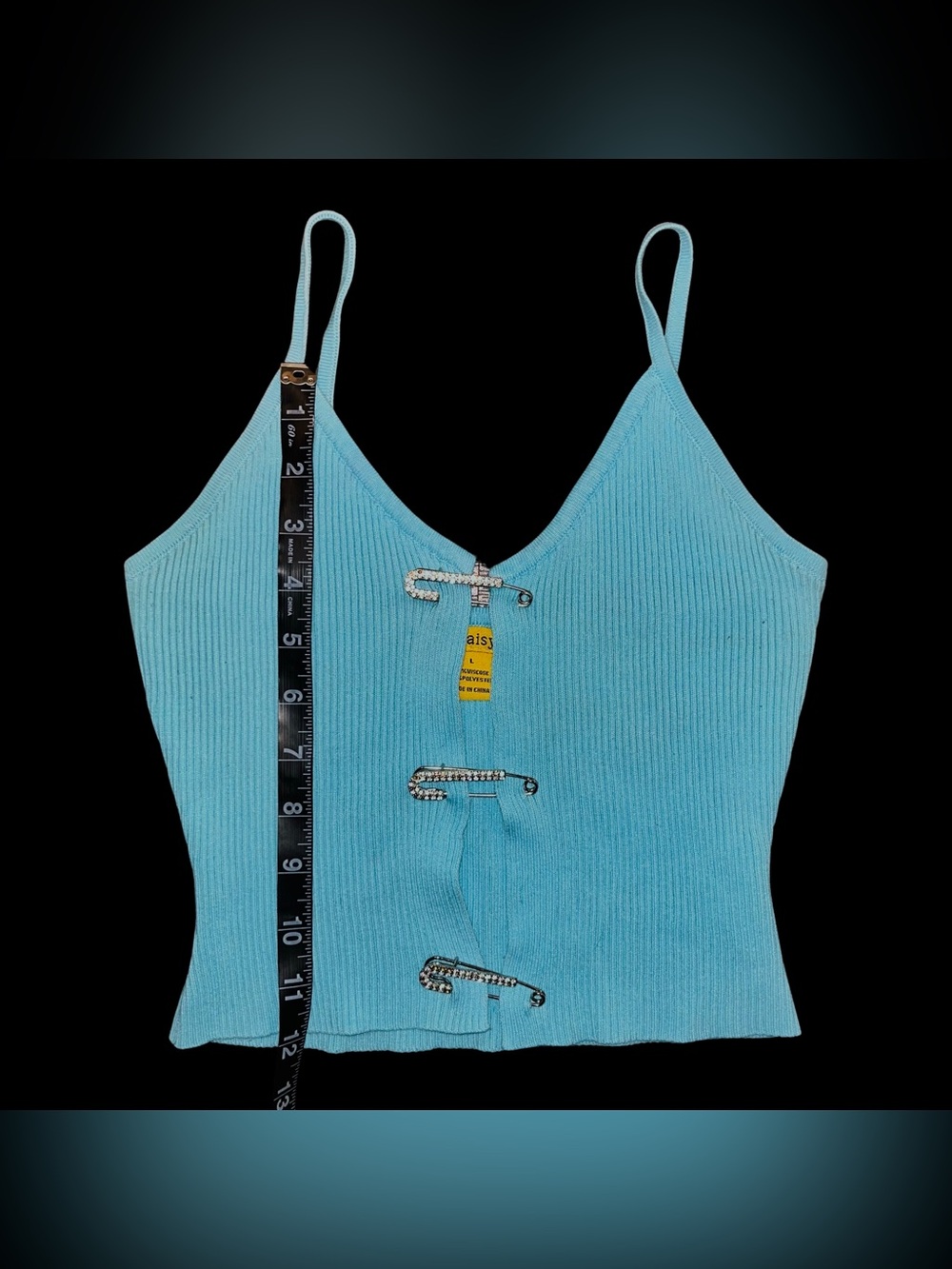 Y2K Rhinestone Safety Pin Blue Ribbed Cami - Picture 3 of 5